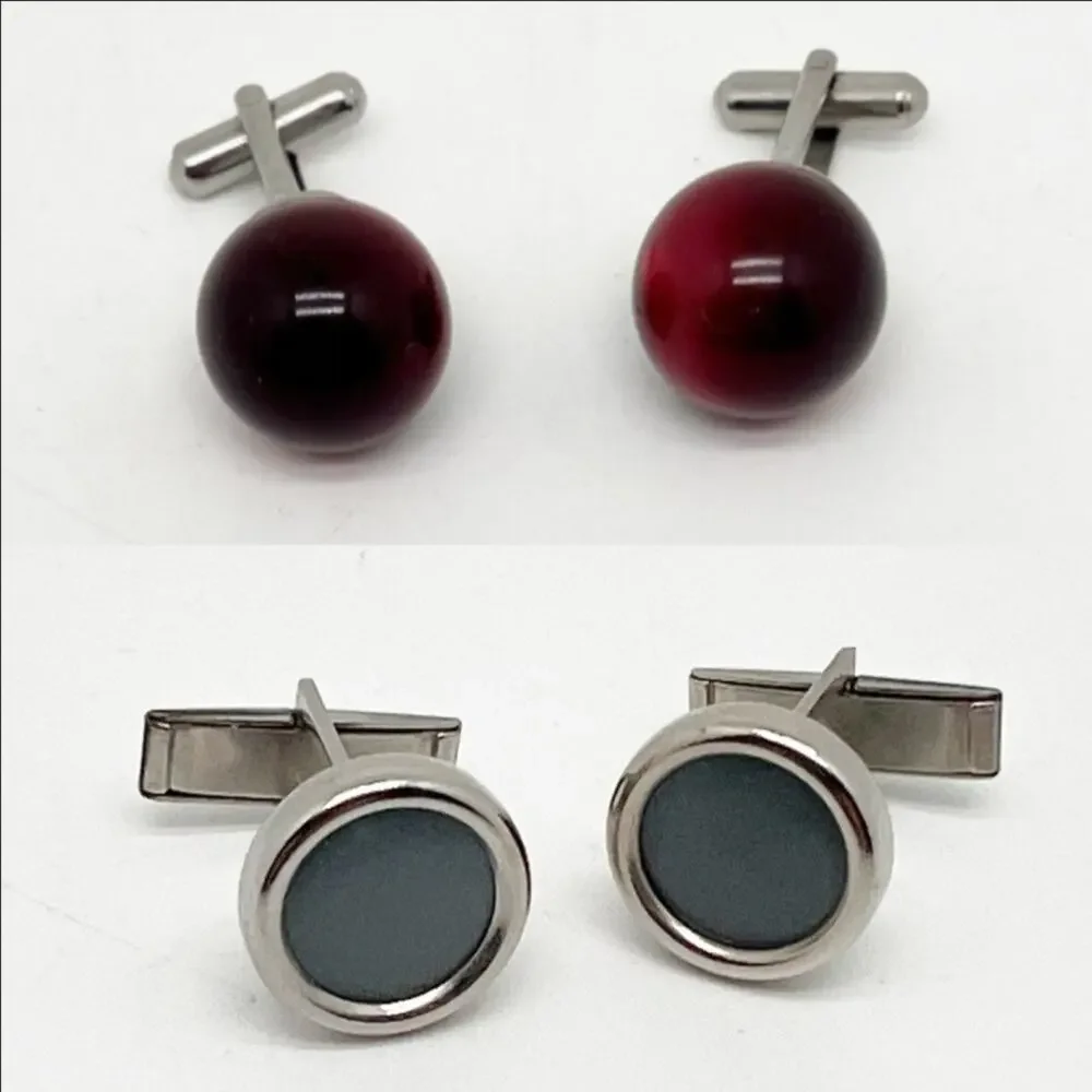 Lot of 2 Vintage Pairs of Glass Cuff Links Silver Tone Blue And Red/Brown